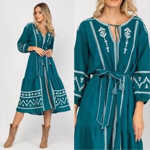 Zara Small Midi Dress Teal Green Boho Embroidered Flare Hem Tassel Tie N…